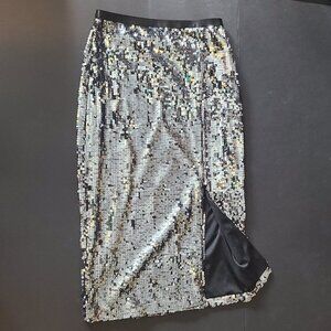 Nine West Silver Sequined Calf-Length Slit Pencil Skirt